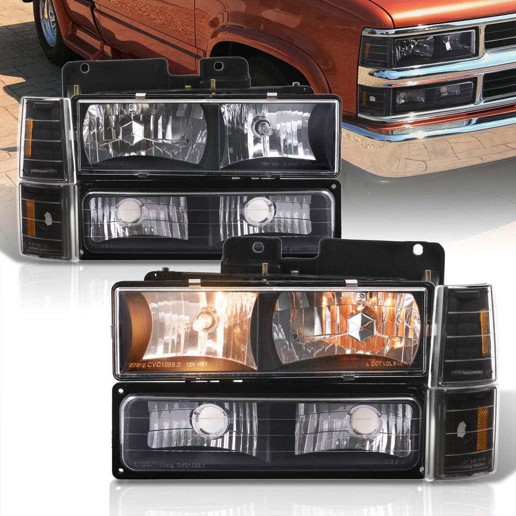 Chevrolet C/K 1500 2500 3500 1988-1993 Factory Style Headlights + Bumpers + Corners Lights Black Housing Clear Len Amber Reflector