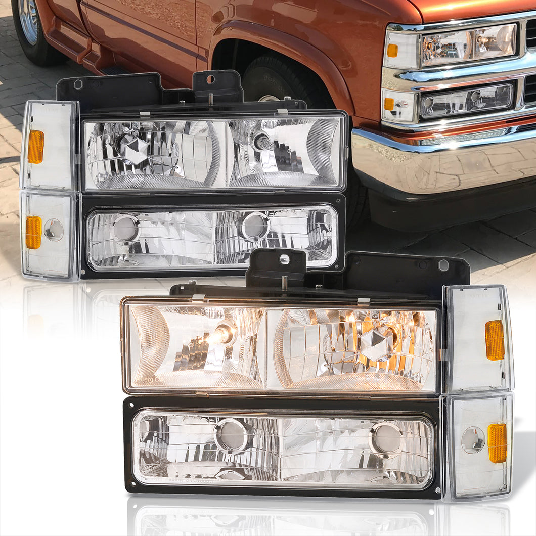 Chevrolet C/K 1500 2500 3500 1988-1993 Factory Style Headlights + Bumpers + Corners Lights Chrome Housing Clear Len Amber Reflector