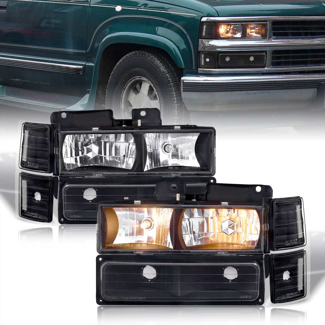Chevrolet C/K 1500 2500 3500 1988-1993 Factory Style Headlights + Bumpers + Corners Lights Black Housing Clear Len Clear Reflector (All Black Bumpers)