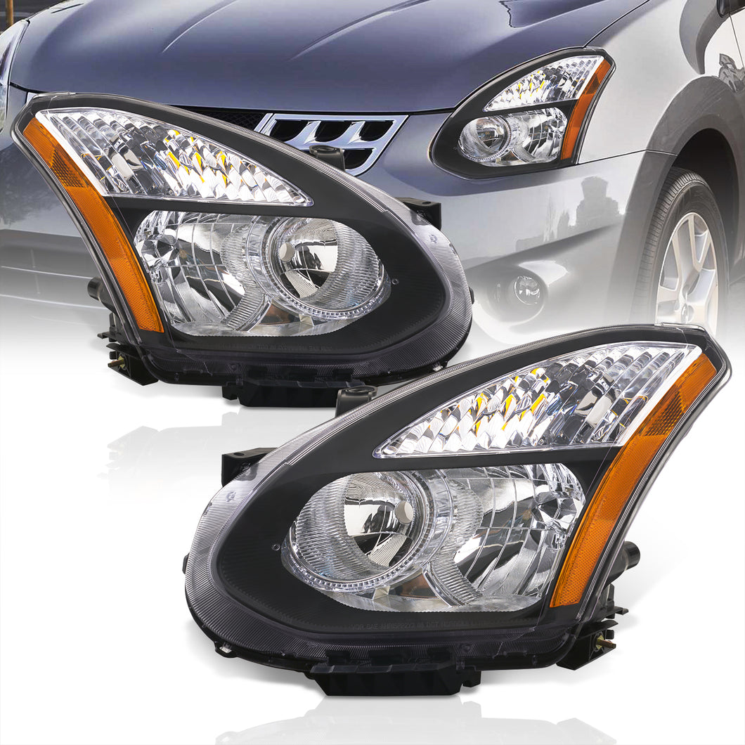 Nissan Rogue 2008-2013 Factory Style Headlights Black Housing Clear Len Amber Reflector (Halogen Models Only)