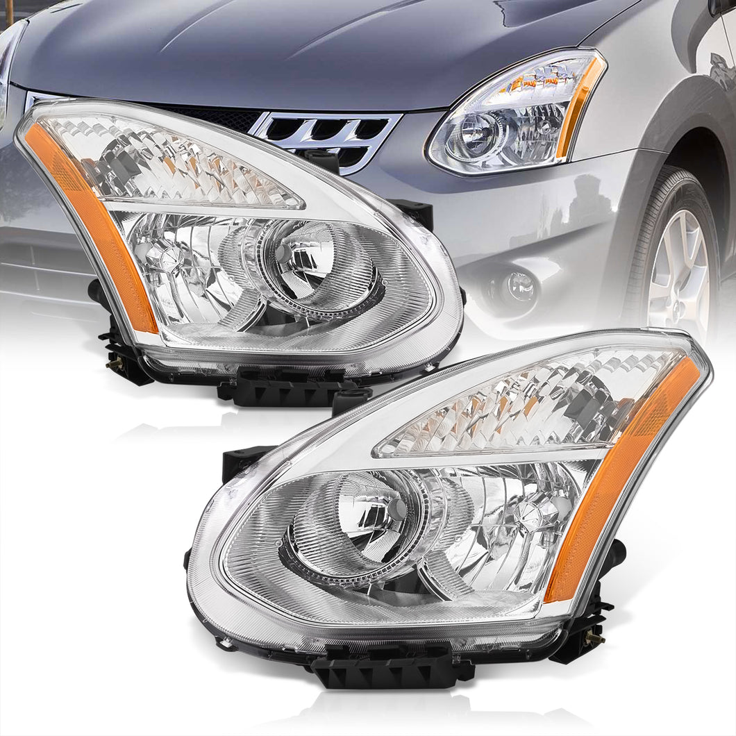 Nissan Rogue 2008-2013 Factory Style Headlights Chrome Housing Clear Len Amber Reflector (Halogen Models Only)