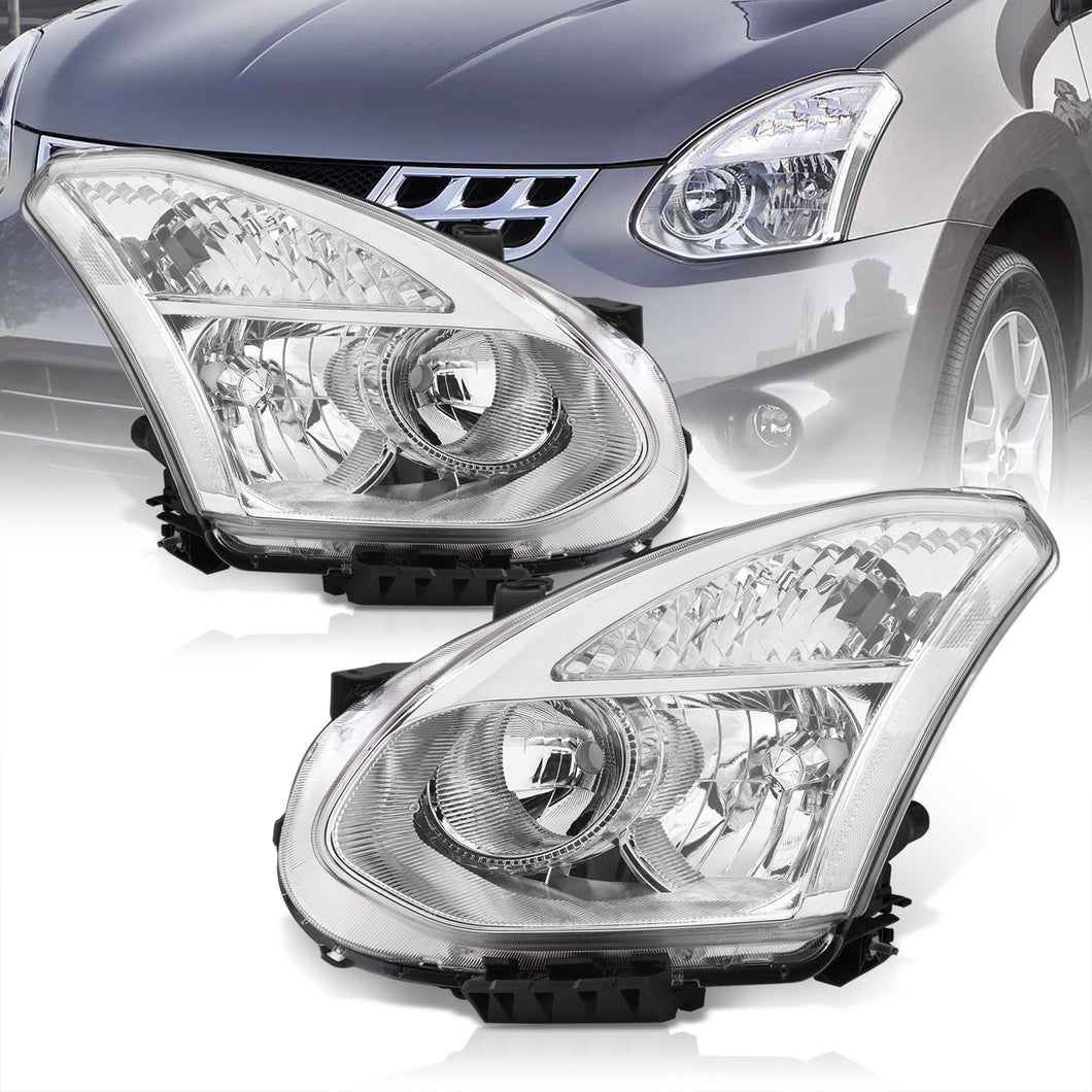 Nissan Rogue 2008-2013 Factory Style Headlights Chrome Housing Clear Len Clear Reflector (Halogen Models Only)
