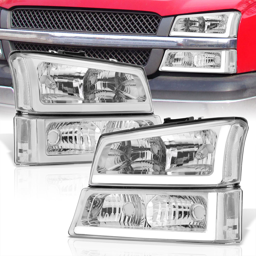 Chevrolet Silverado 2003-2006 LED DRL Bar Factory Style Headlights + Bumpers Chrome Housing Clear Len Clear Reflector