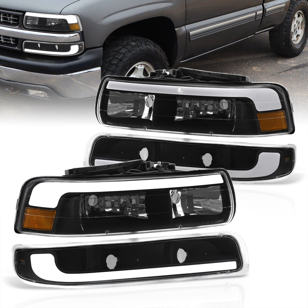 Chevrolet Silverado 1999-2002 / Suburban Tahoe 2000-2006 LED DRL Bar Factory Style Headlights + Bumpers Black Housing Clear Len Amber Reflector