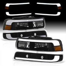 Load image into Gallery viewer, Chevrolet Silverado 1999-2002 / Suburban Tahoe 2000-2006 LED DRL Bar Factory Style Headlights + Bumpers Black Housing Clear Len Amber Reflector
