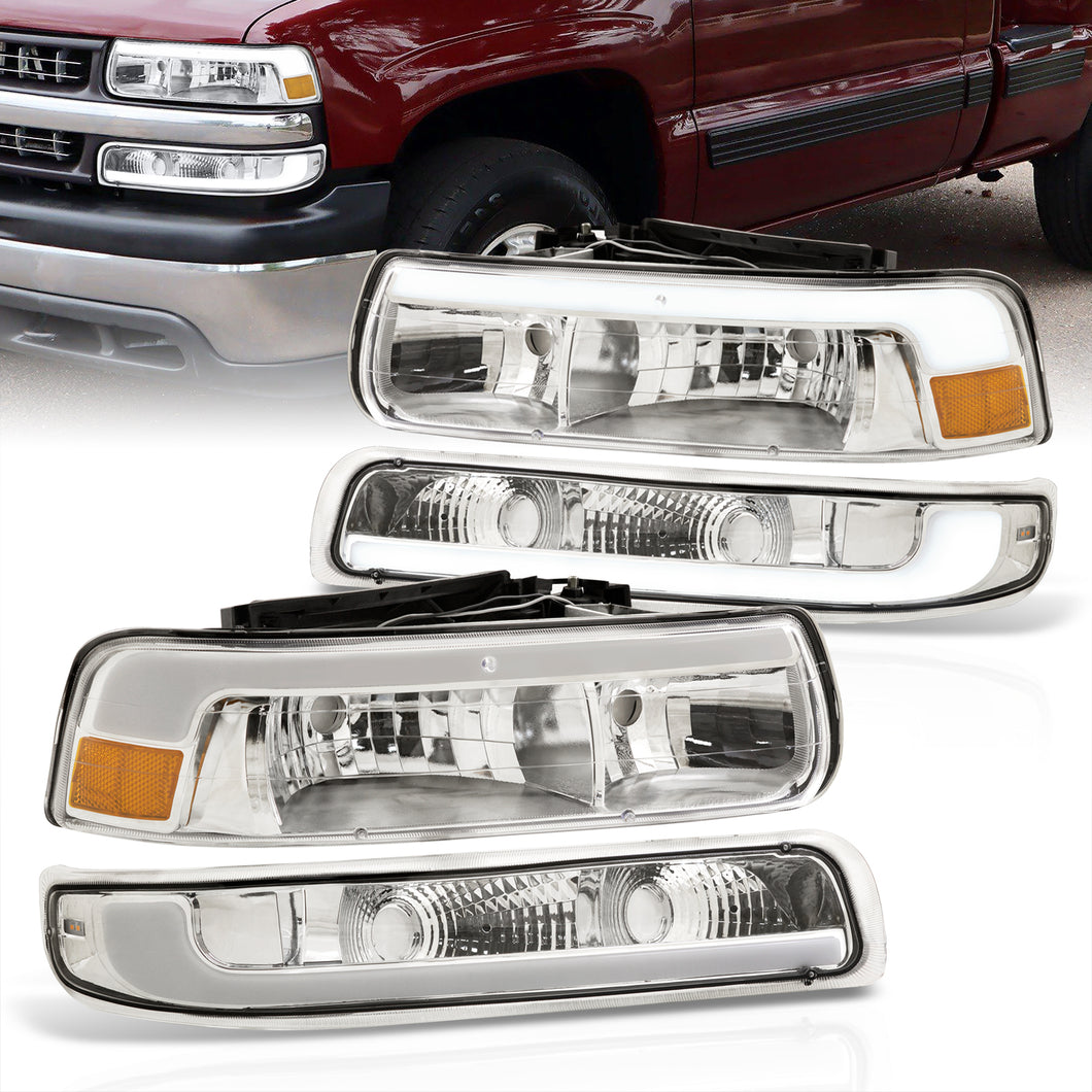Chevrolet Silverado 1999-2002 / Suburban Tahoe 2000-2006 LED DRL Bar Factory Style Headlights + Bumpers Chrome Housing Clear Len Amber Reflector