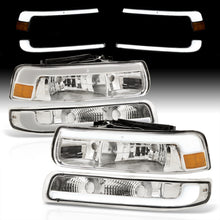 Load image into Gallery viewer, Chevrolet Silverado 1999-2002 / Suburban Tahoe 2000-2006 LED DRL Bar Factory Style Headlights + Bumpers Chrome Housing Clear Len Amber Reflector
