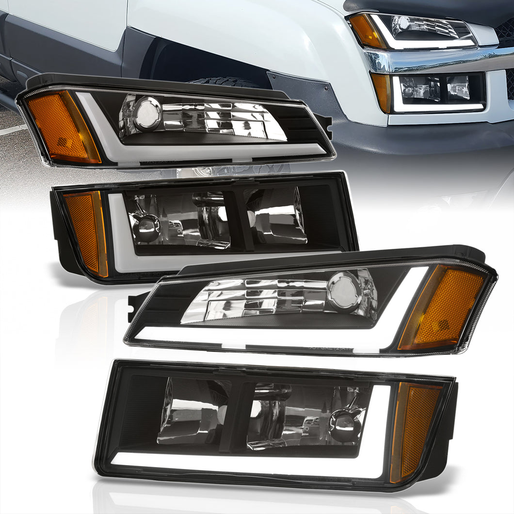 Chevrolet Avalanche (Plastic Body Cladding Models Only) 2002-2006 LED DRL Bar Factory Style Headlights + Bumpers Black Housing Clear Len Amber Reflector