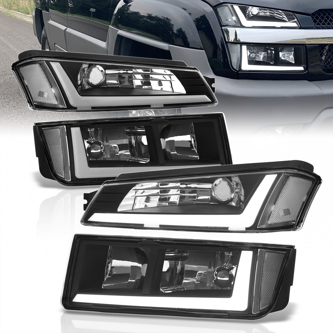 Chevrolet Avalanche (Plastic Body Cladding Models Only) 2002-2006 LED DRL Bar Factory Style Headlights + Bumpers Black Housing Clear Len Clear Reflector