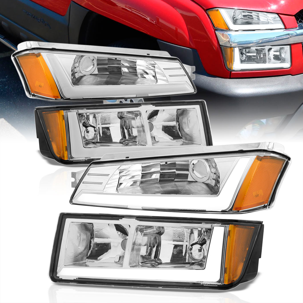 Chevrolet Avalanche (Plastic Body Cladding Models Only) 2002-2006 LED DRL Bar Factory Style Headlights + Bumpers Chrome Housing Clear Len Amber Reflector