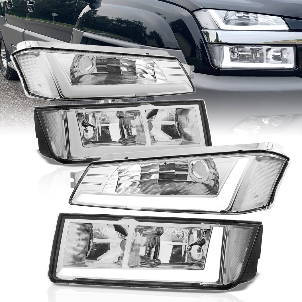 Chevrolet Avalanche (Plastic Body Cladding Models Only) 2002-2006 LED DRL Bar Factory Style Headlights + Bumpers Chrome Housing Clear Len Clear Reflector