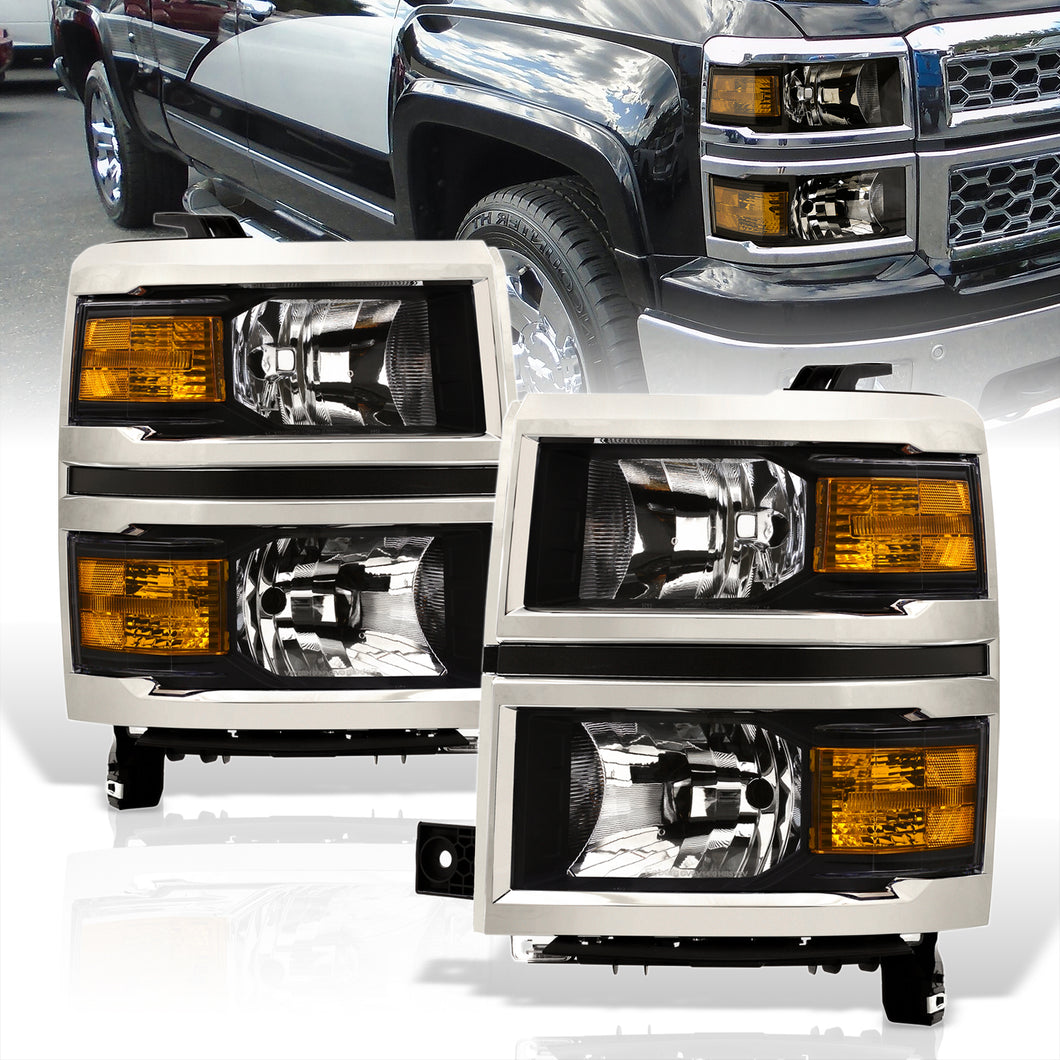 Chevrolet Silverado 1500 2014-2015 Factory Style Headlights Black Housing Clear Len Amber Reflector (Will Not Fit 2500 & HD Models)