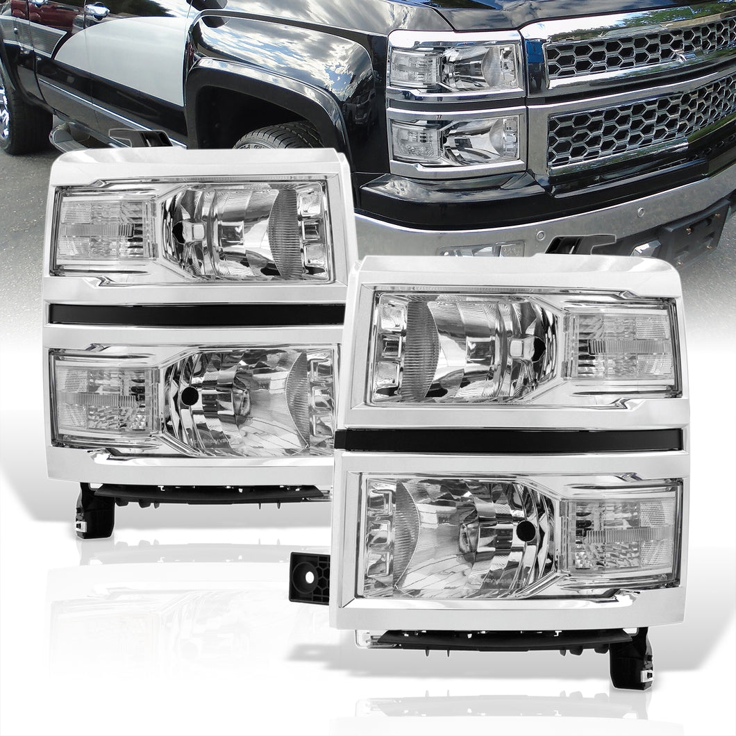 Chevrolet Silverado 1500 2014-2015 Factory Style Headlights Chrome Housing Clear Len Clear Reflector (Will Not Fit 2500 & HD Models)
