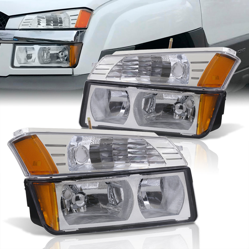 Chevrolet Avalanche (Plastic Body Cladding Models Only) 2002-2006 Factory Style Headlights + Bumpers Chrome Housing Clear Len Amber Reflector