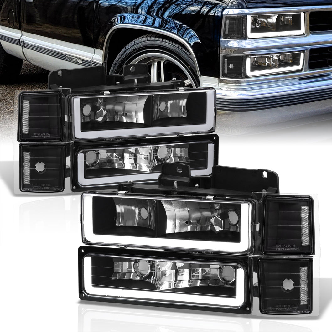 Chevrolet C/K 1500 2500 3500 1994-1998 LED DRL Bar Factory Style Headlights + Bumpers + Corners Black Housing Clear Len Clear Reflector