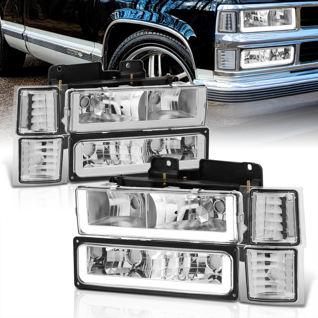Chevrolet C/K 1500 2500 3500 1994-1998 LED DRL Bar Factory Style Headlights + Bumpers + Corners Chrome Housing Clear Len Clear Reflector