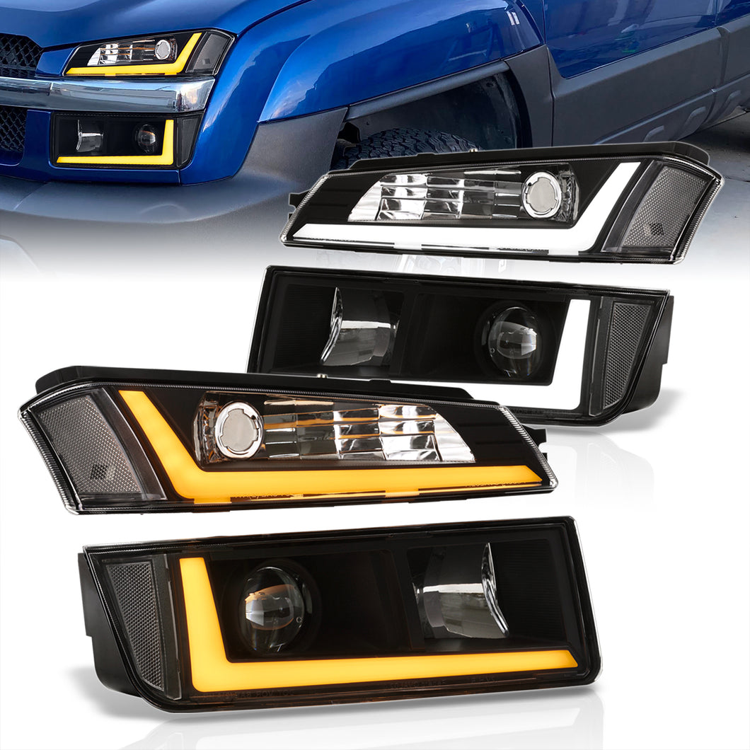 Chevrolet Avalanche (Plastic Body Cladding Models Only) 2002-2006 Sequential LED DRL Bar Projector Headlights + Bumpers Black Housing Clear Len Clear Reflector