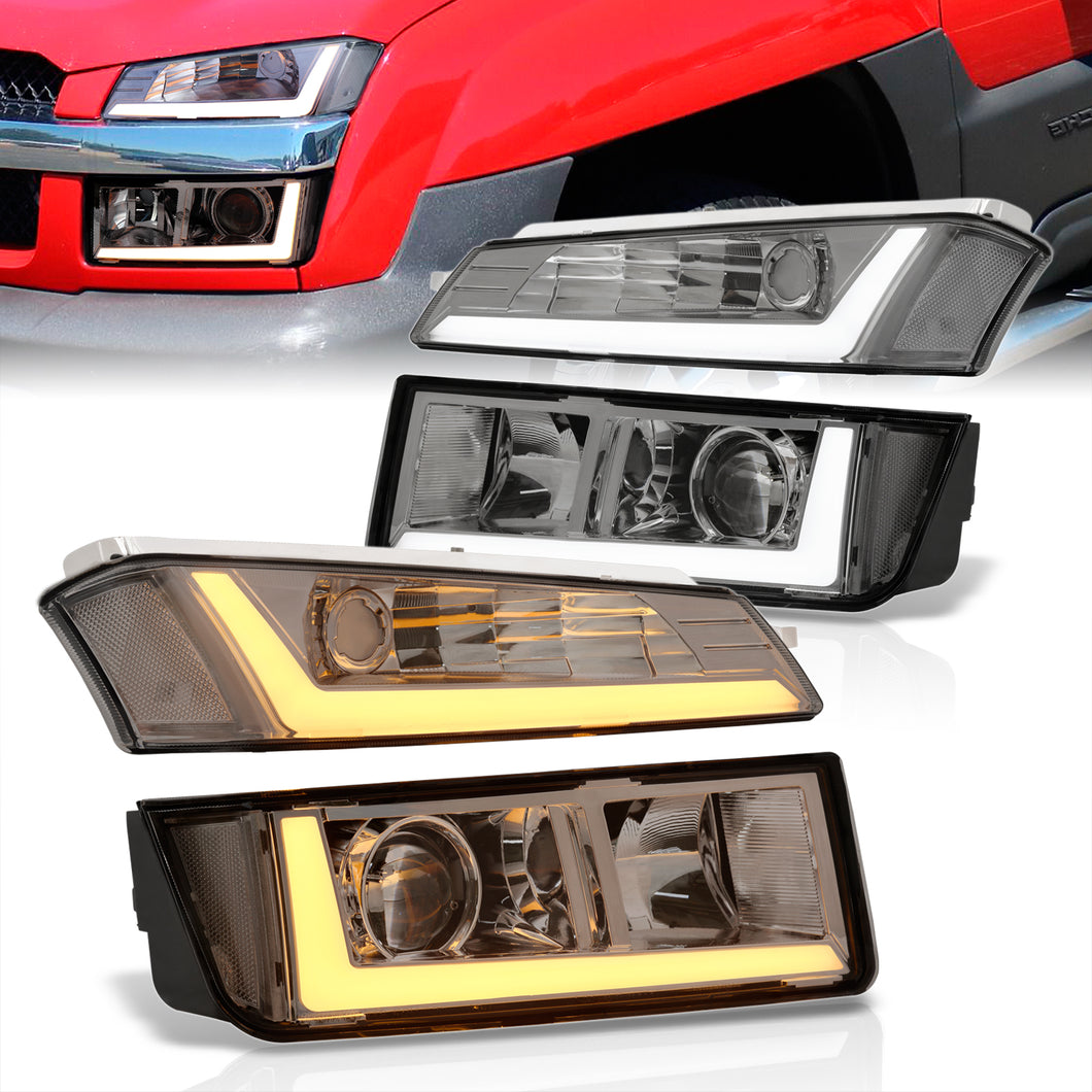 Chevrolet Avalanche (Plastic Body Cladding Models Only) 2002-2006 Sequential LED DRL Bar Projector Headlights + Bumpers Chrome Housing Smoke Len Clear Reflector