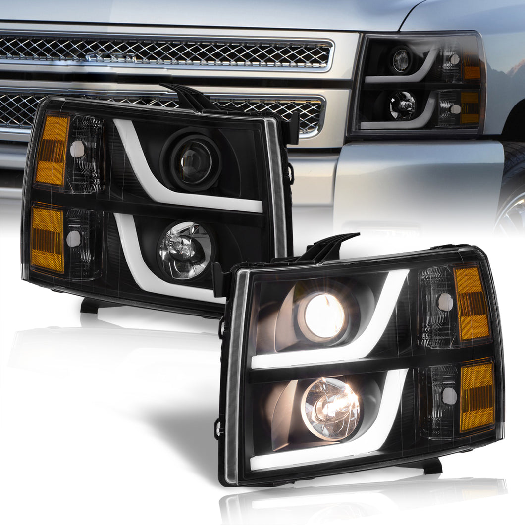 Chevrolet Silverado 1500 2007-2013 / 2500HD 3500HD 2007-2014 LED DRL Bar Projector Headlights Black Housing Clear Len Amber Reflector