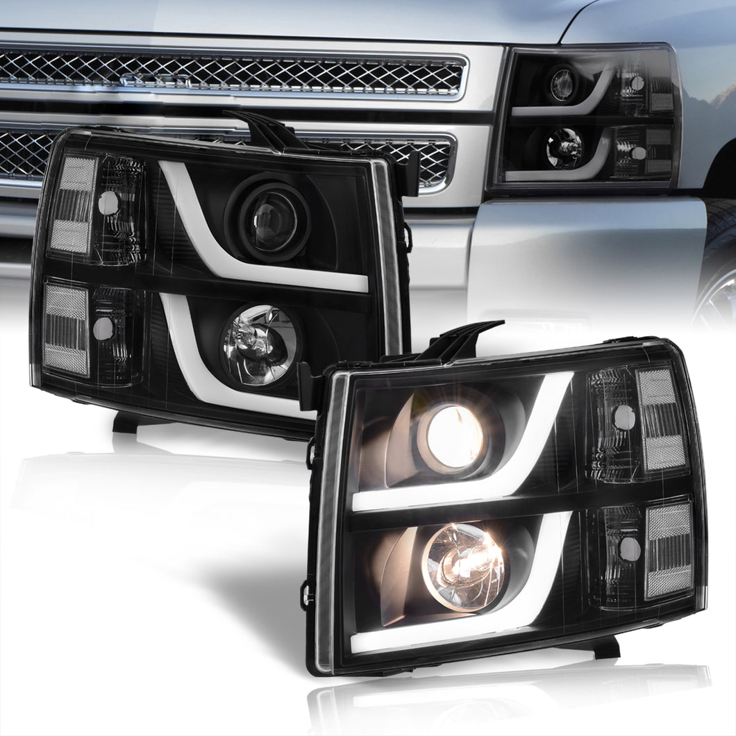 Chevrolet Silverado 1500 2007-2013 / 2500HD 3500HD 2007-2014 LED DRL Bar Projector Headlights Black Housing Clear Len Clear Reflector