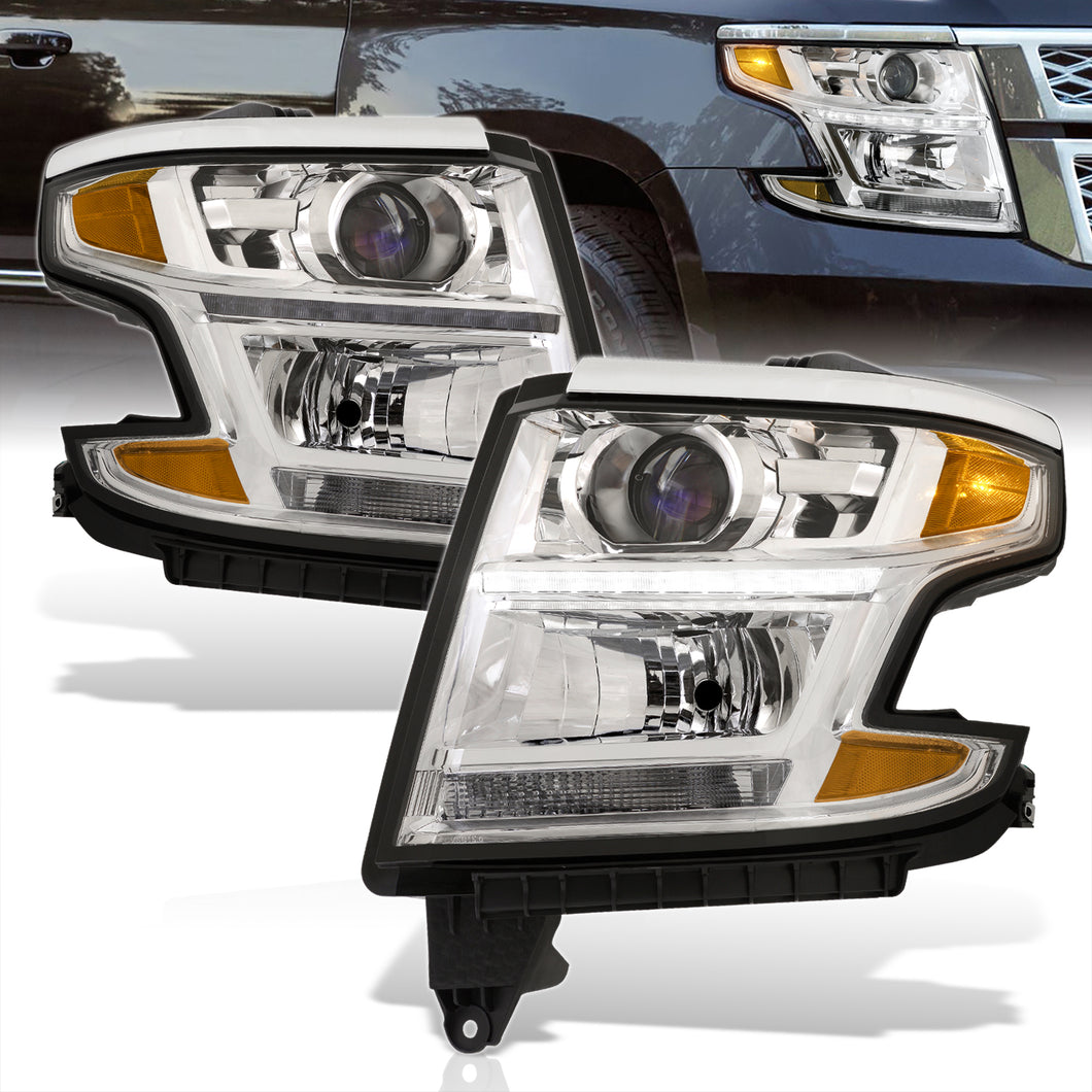 Chevrolet Suburban 2015-2020 / Suburban 3500HD 2016-2019 / Tahoe 2015-2020 Factory Style Projector Headlights Chrome Housing Clear Len Amber Reflector (Halogen Models Only)