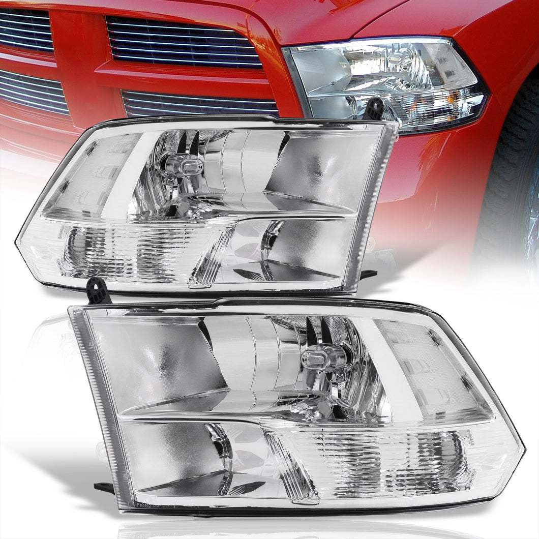 Dodge Ram 1500 2009-2018 / Ram 2500 3500 2010-2018 / Ram 4500 5500 2011-2018 / Ram 1500 Classic 2019-2023 Factory Style Quad Headlights Chrome Housing Clear Len Clear Reflector (Halogen Models Only)