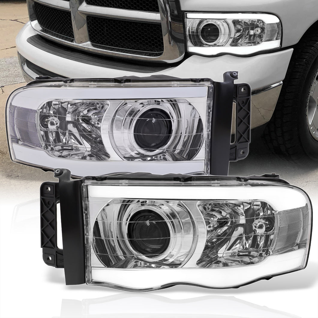 Dodge Ram 1500 2002-2005 / Ram 2500 3500 2003-2005 LED DRL Bar Projector Headlights Chrome Housing Clear Len Clear Reflector