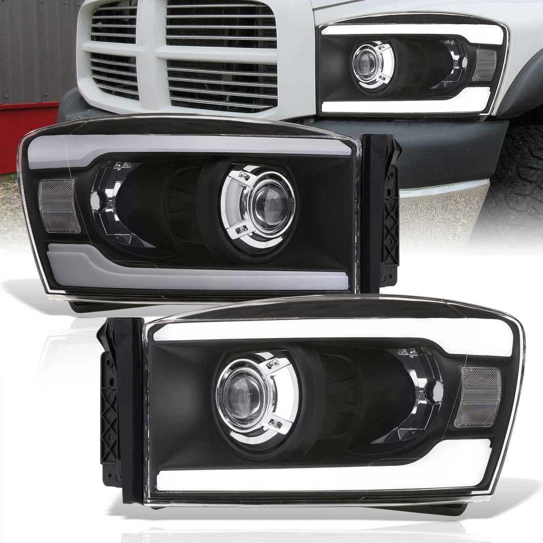 Dodge Ram 1500 2006-2008 / Ram 2500 3500 2006-2009 LED DRL Bar Projector Headlights Black Housing Clear Len Clear Reflector