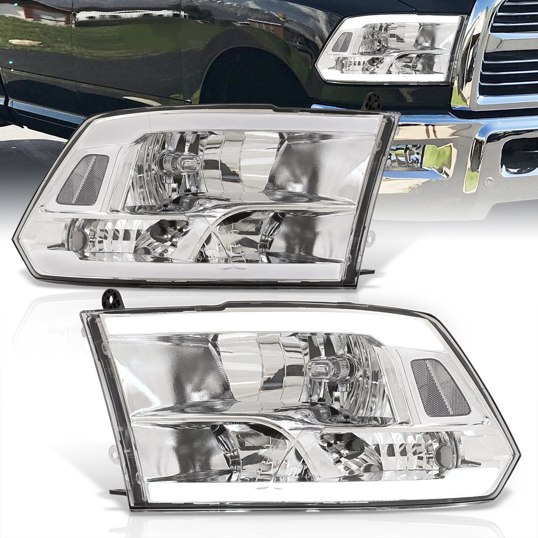 Dodge Ram 1500 2009-2018 / Ram 2500 3500 2010-2018 LED DRL Bar Factory Style Headlights Chrome Housing Clear Len Clear Reflector (Dual / Quad Models Headlamps Only)