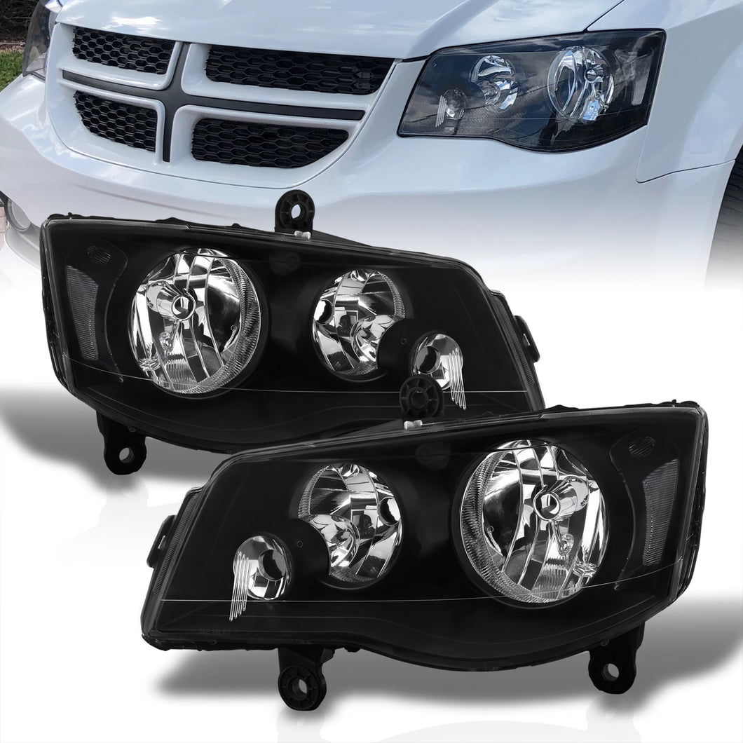 Chrysler Town & Country 2008-2016 / Dodge Grand Caravan 2011-2019 Factory Style Headlights Black Housing Clear Len Clear Reflector (Halogen Models Only)