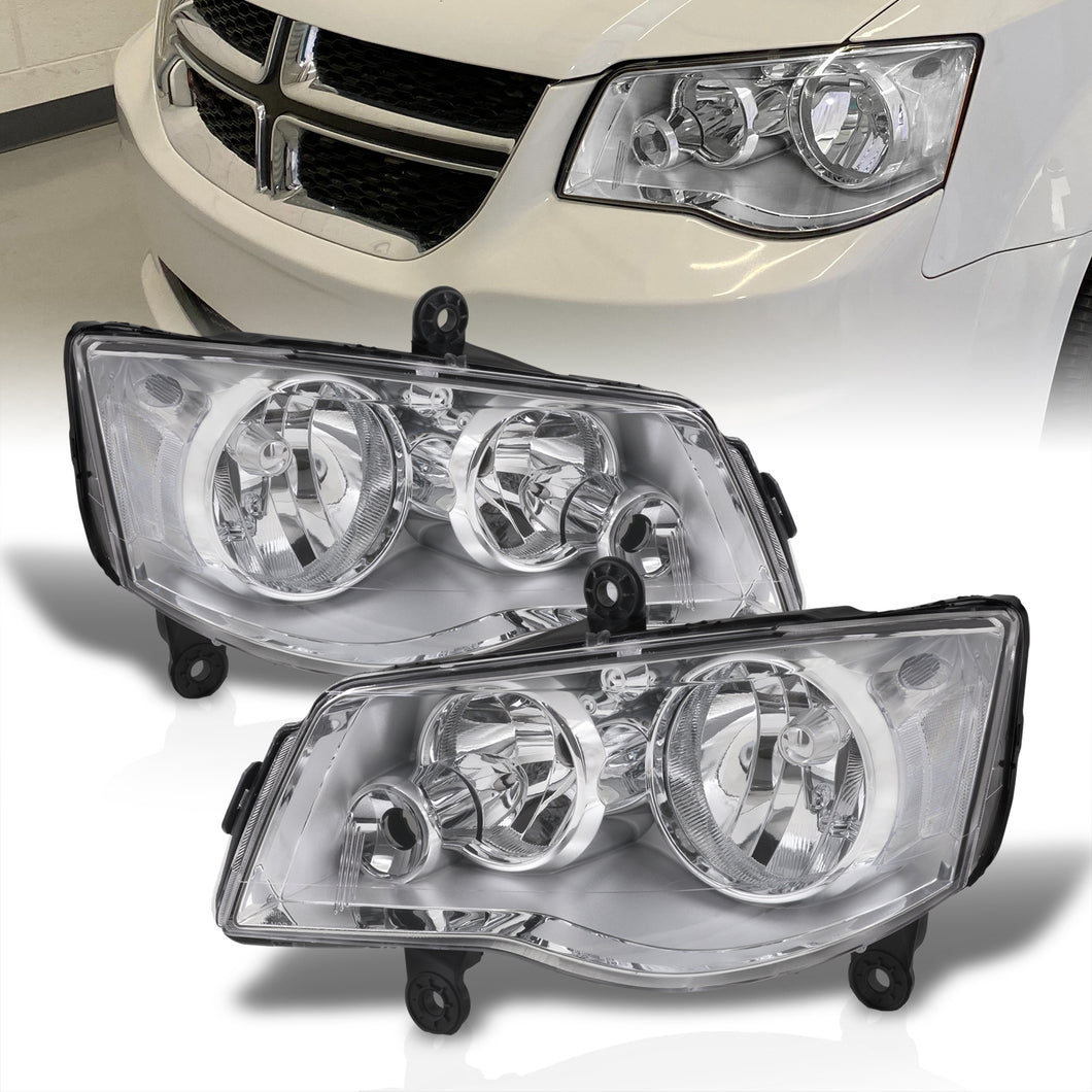 Chrysler Town & Country 2008-2016 / Dodge Grand Caravan 2011-2019 Factory Style Headlights Chrome Housing Clear Len Clear Reflector (Halogen Models Only)