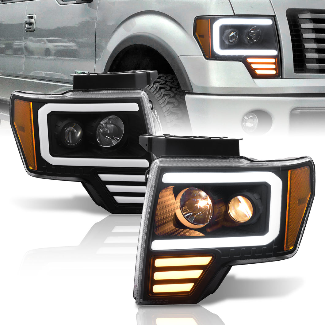 Ford F150 2009-2014 LED DRL Bar Projector Headlights Black Housing Clear Len Amber Reflector (Halogen Models Only)