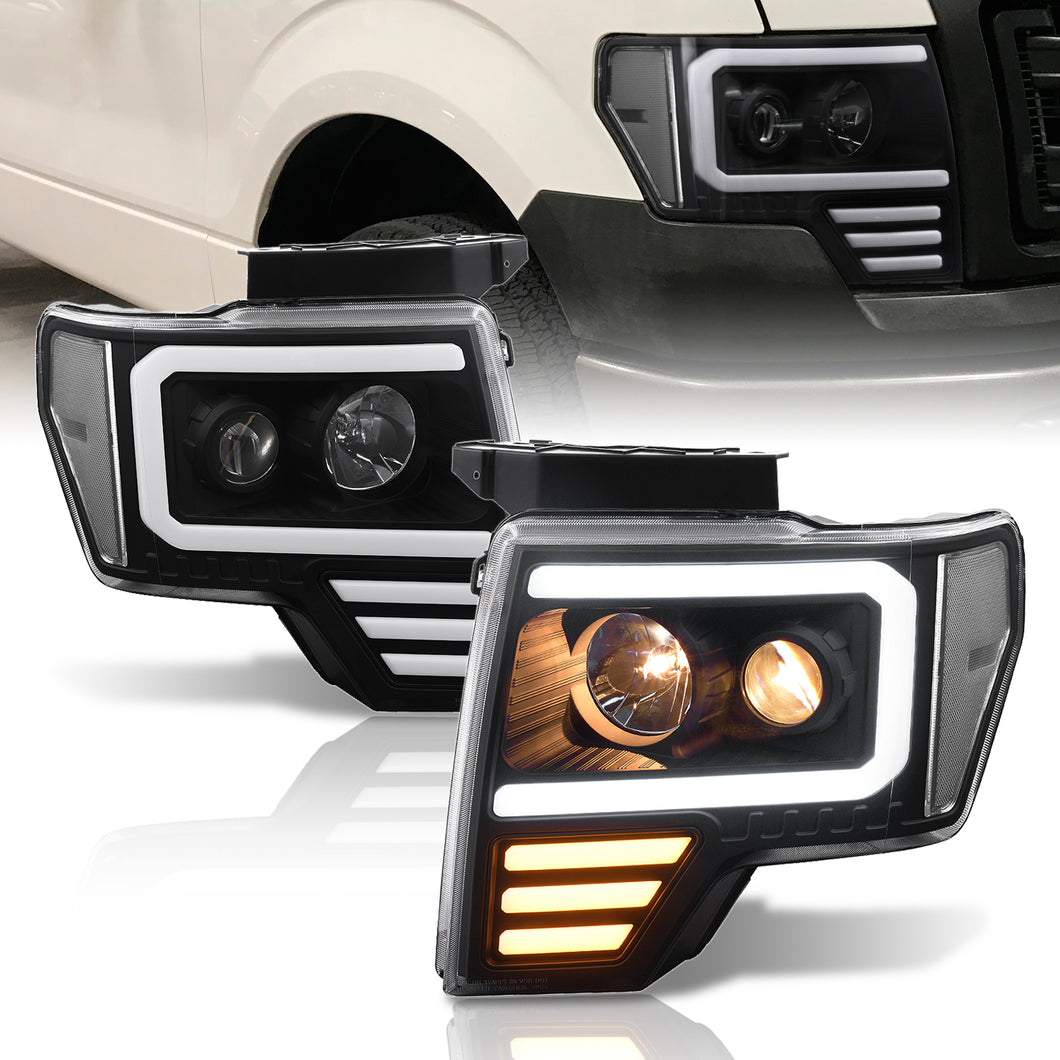 Ford F150 2009-2014 LED DRL Bar Projector Headlights Black Housing Clear Len Clear Reflector (Halogen Models Only)