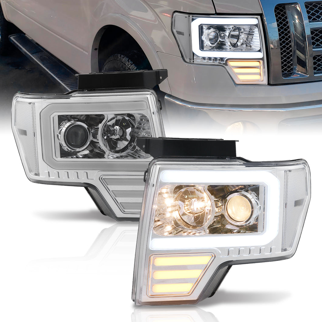 Ford F150 2009-2014 LED DRL Bar Projector Headlights Chrome Housing Clear Len Clear Reflector (Halogen Models Only)