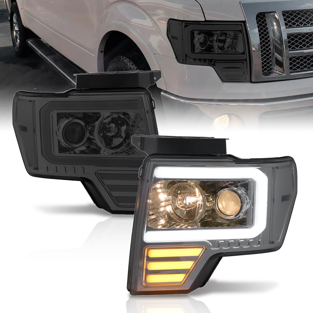Ford F150 2009-2014 LED DRL Bar Projector Headlights Chrome Housing Smoke Len Clear Reflector (Halogen Models Only)