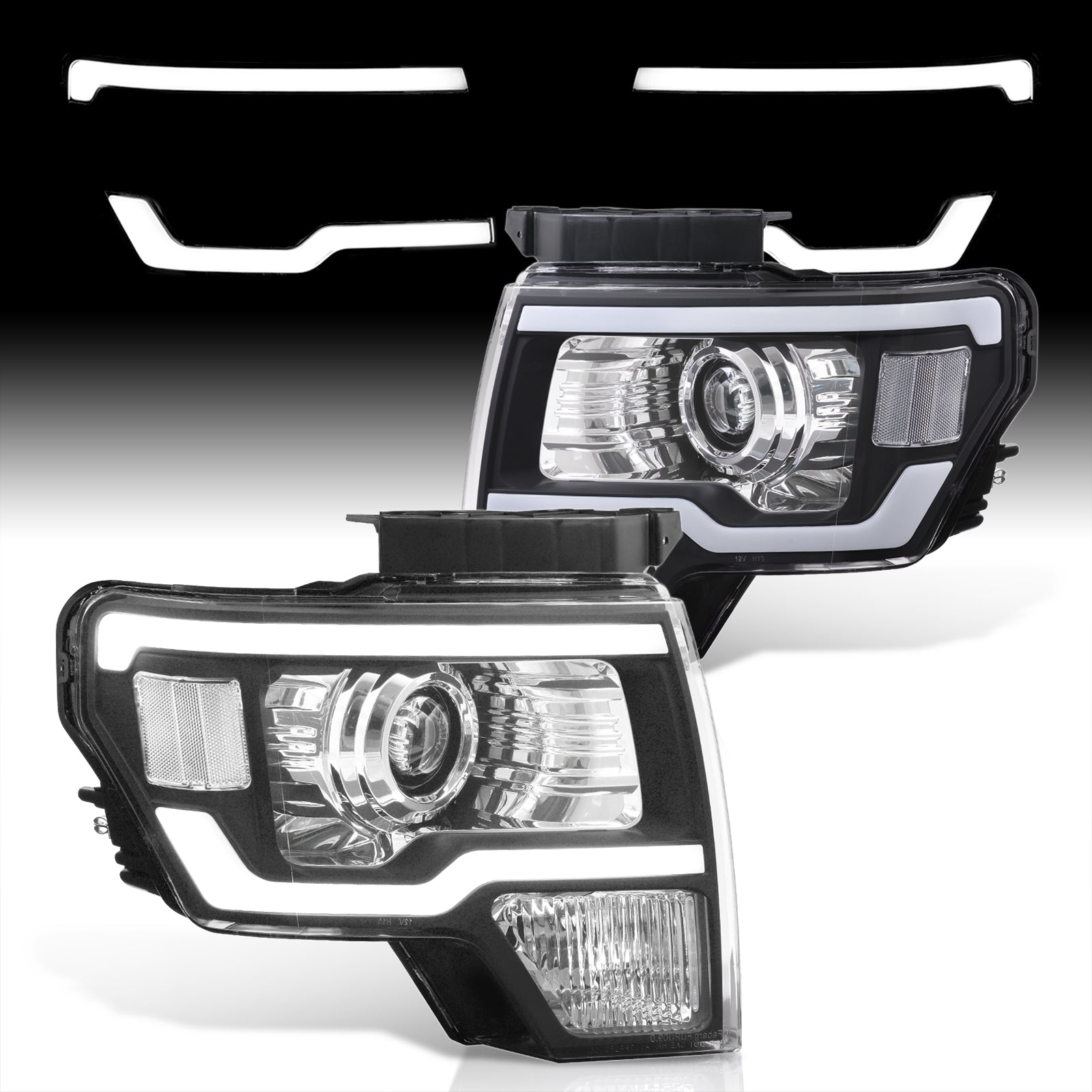 Ford F150 2009-2014 LED DRL Bar Projector Headlights Black Housing