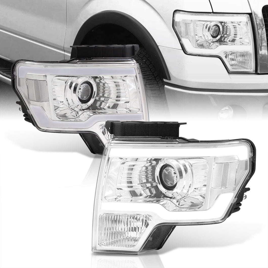 Ford F150 2009-2014 LED DRL Bar Projector Headlights Chrome Housing Clear Len Clear Reflector (Halogen Models Only)