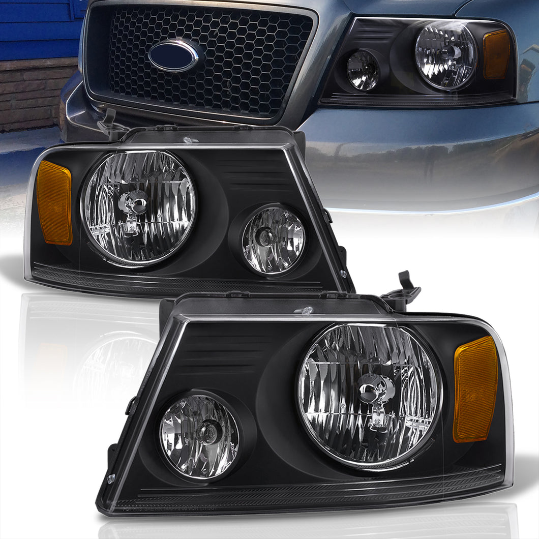 Ford F150 2004-2008 / Lincoln Mark LT 2006-2008 Factory Style Headlights Black Housing Clear Len Amber Reflector