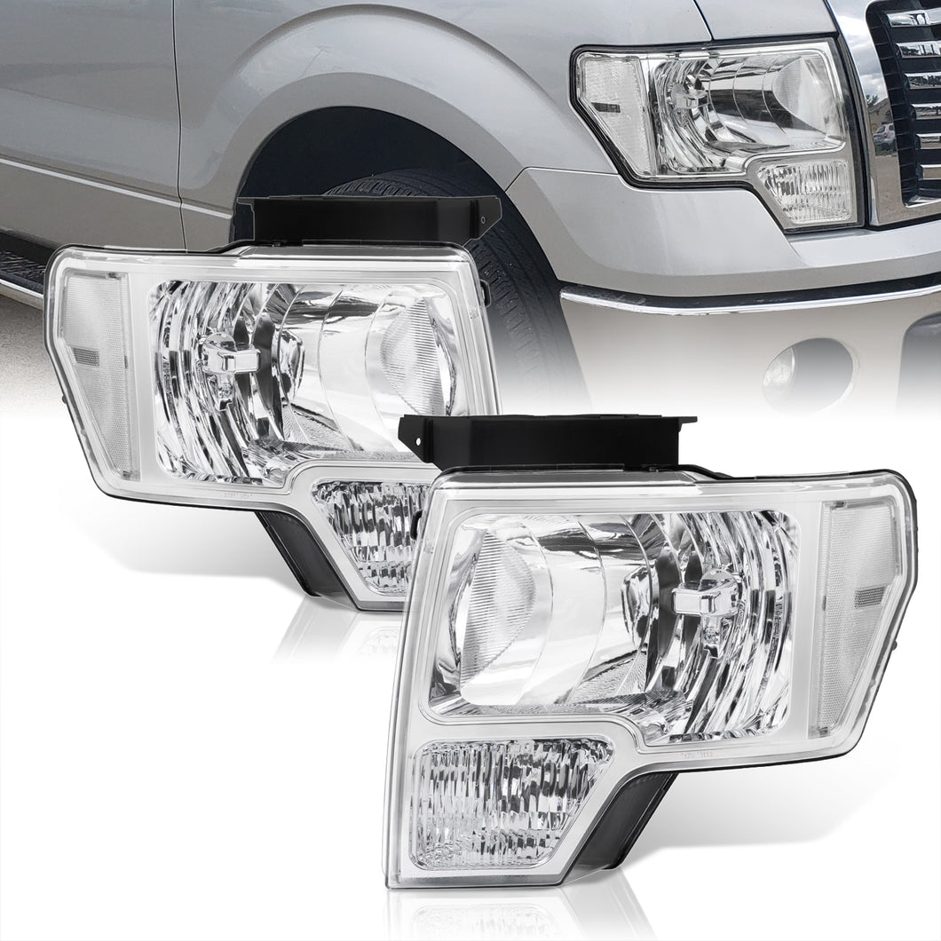 Ford F150 2009-2014 Factory Style Headlights Chrome Housing Clear Len Clear Reflector (Halogen Models Only)