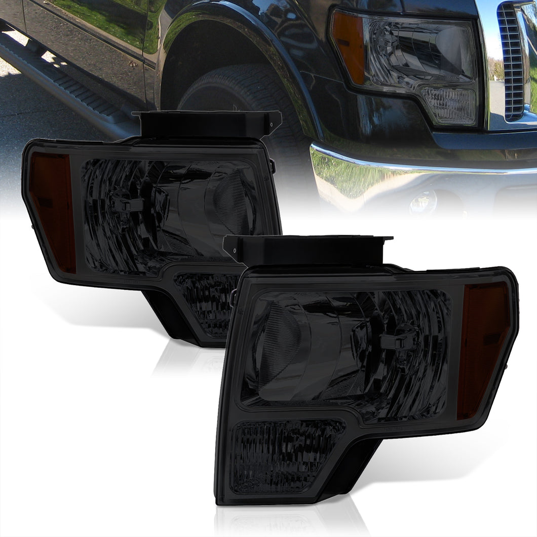 Ford F150 2009-2014 Factory Style Headlights Chrome Housing Smoke Len Amber Reflector (Halogen Models Only)