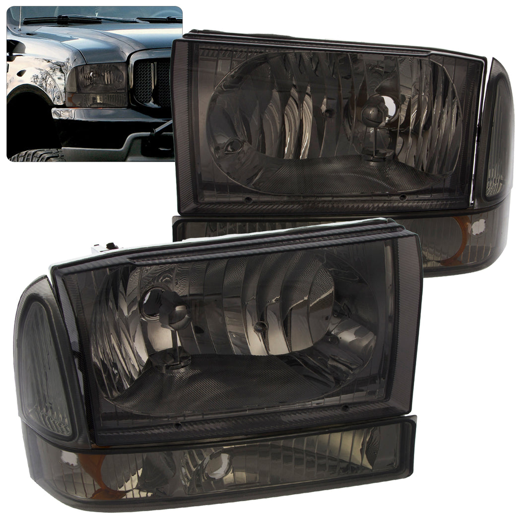 Ford F250 F350 F450 F550 Super Duty 1999-2004 / Excursion 2000-2004 Factory Style Headlights + Bumpers Chrome Housing Smoke Len Amber Reflector