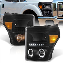 Load image into Gallery viewer, Ford F250 F350 F450 F550 Super Duty 2011-2016 LED DRL Halo Projector Headlights Black Housing Clear Len Amber Reflector
