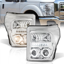 Load image into Gallery viewer, Ford F250 F350 F450 F550 Super Duty 2011-2016 LED DRL Halo Projector Headlights Chrome Housing Clear Len Clear Reflector
