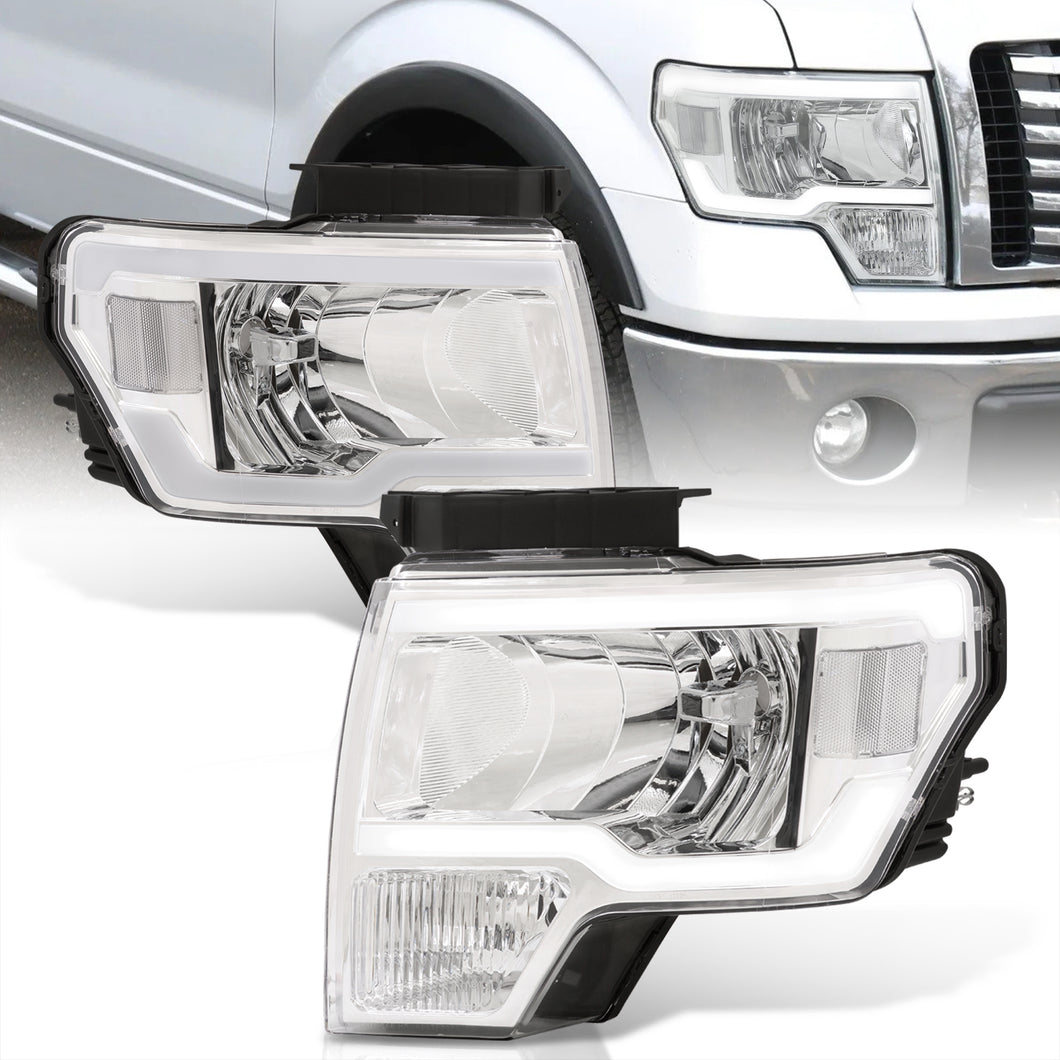 Ford F150 2009-2014 LED DRL Bar Factory Style Headlights Chrome Housing Clear Len Clear Reflector (Halogen Models Only)