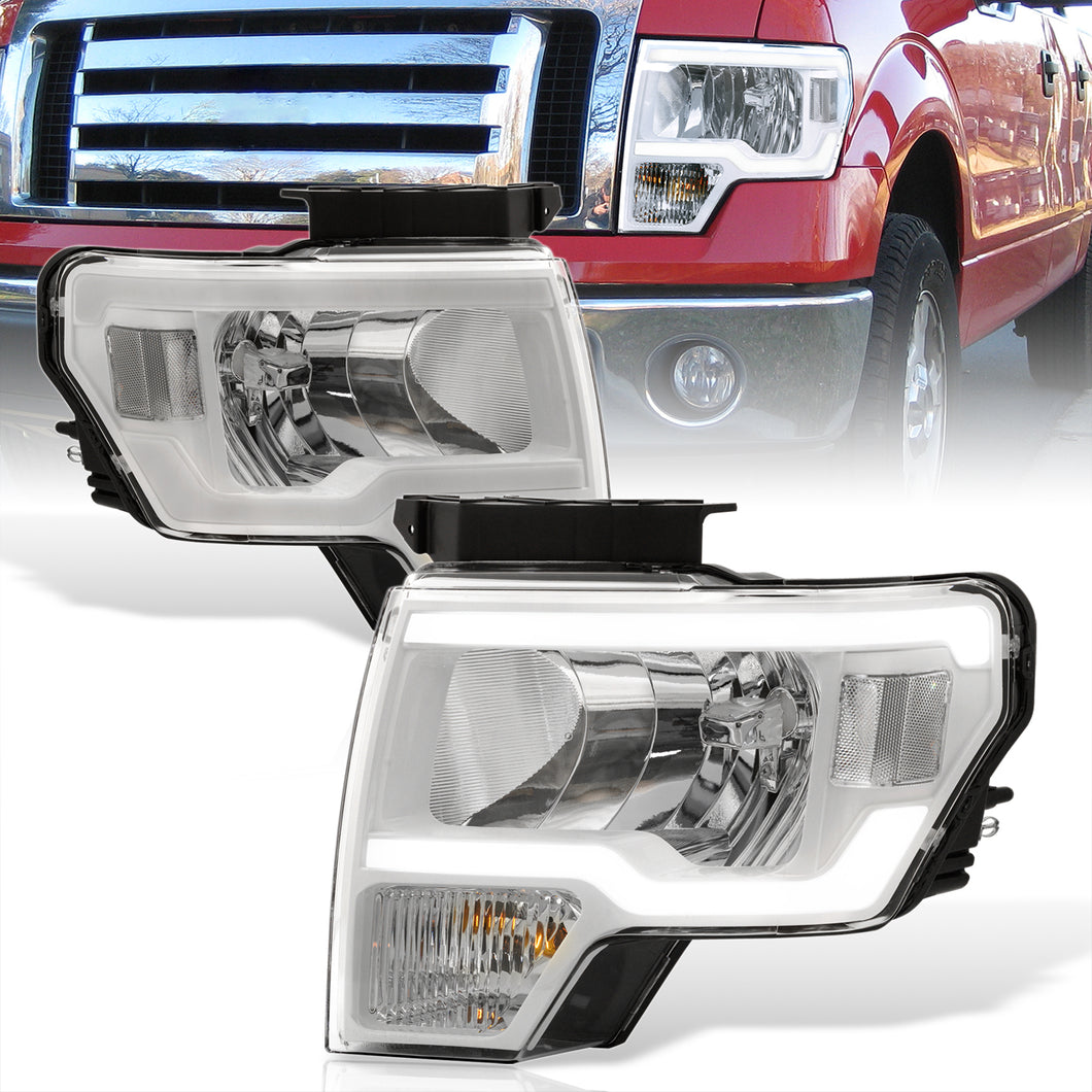 Ford F150 2009-2014 LED DRL Bar Factory Style Headlights White Housing Clear Len Clear Reflector (Halogen Models Only)