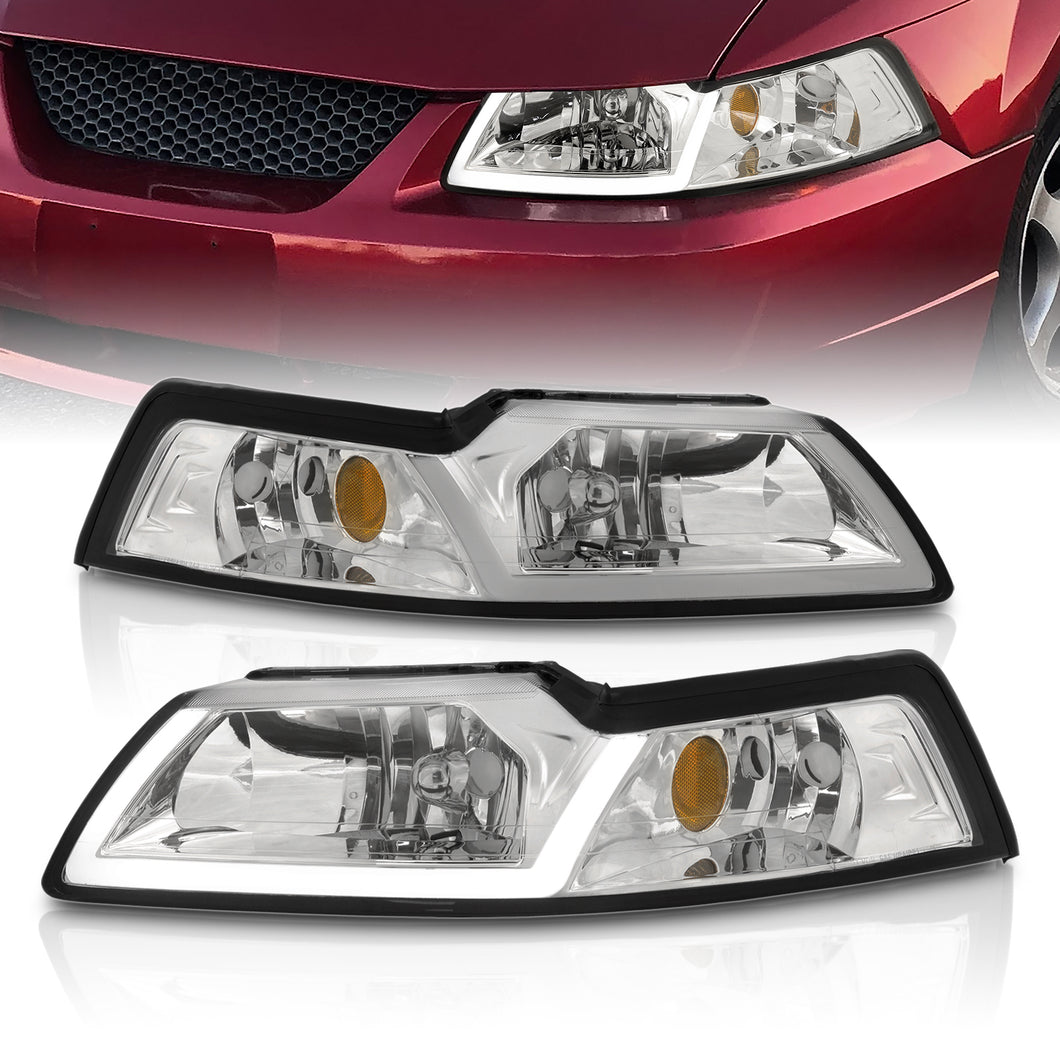 Ford Mustang 1999-2004 LED DRL Bar Factory Style Headlights Chrome Housing Clear Len Amber Reflector