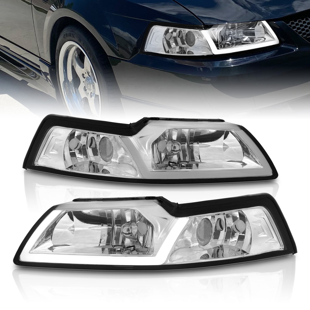 Ford Mustang 1999-2004 LED DRL Bar Factory Style Headlights Chrome Housing Clear Len Clear Reflector