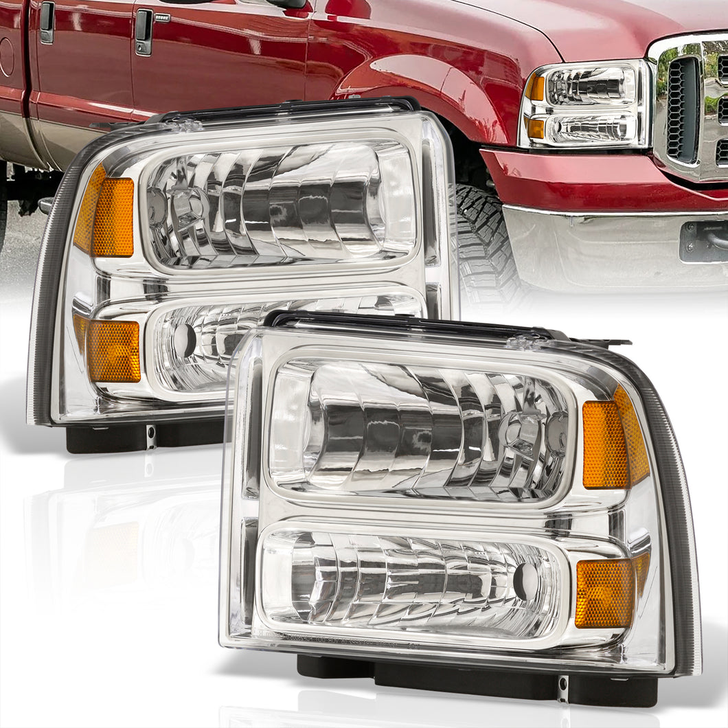 Ford F250 F350 F450 Super Duty 2005-2007 Factory Style Headlights Chrome Housing Clear Len Amber Reflector