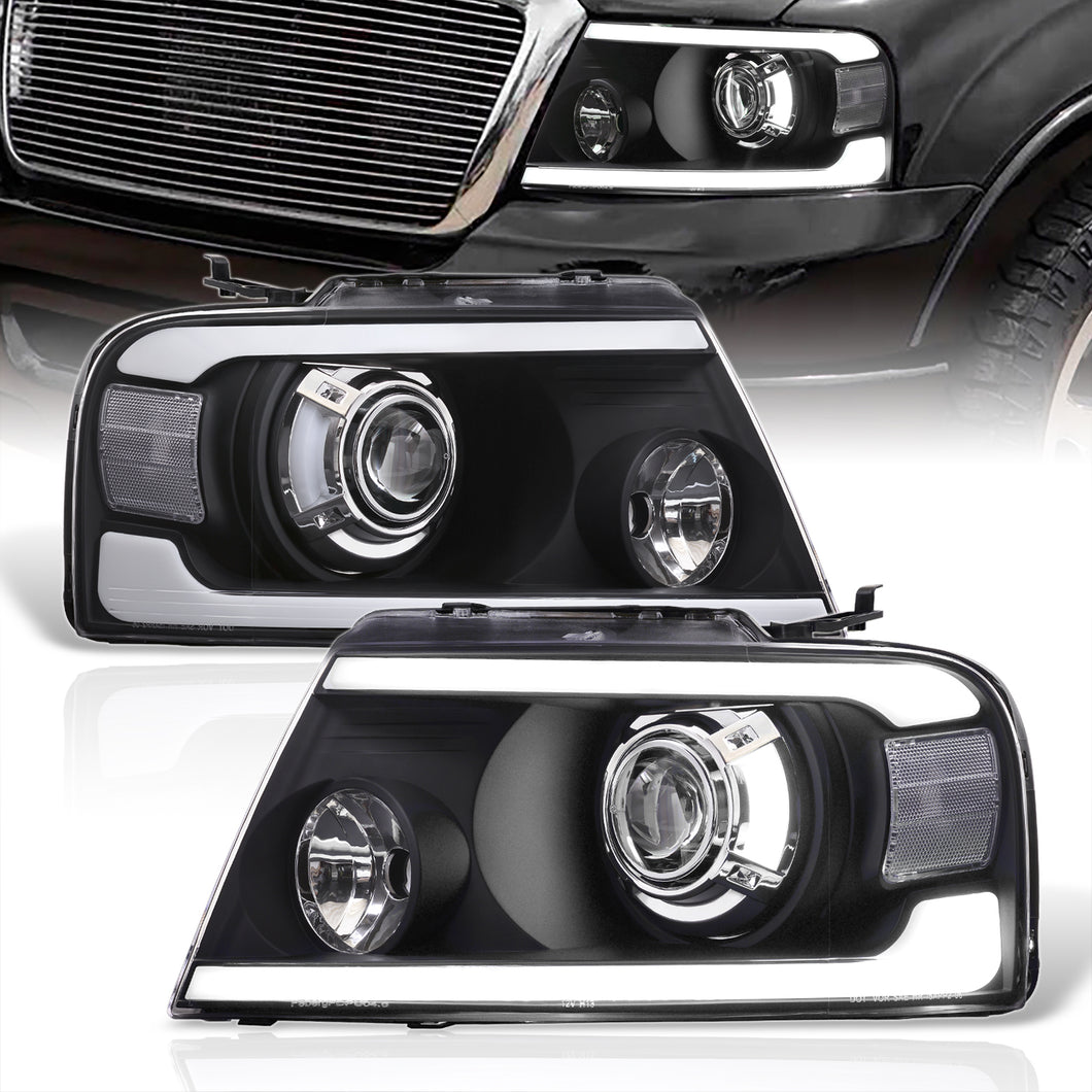 Ford F150 2004-2008 LED DRL Bar Projector Headlights Black Housing Clear Len Clear Reflector