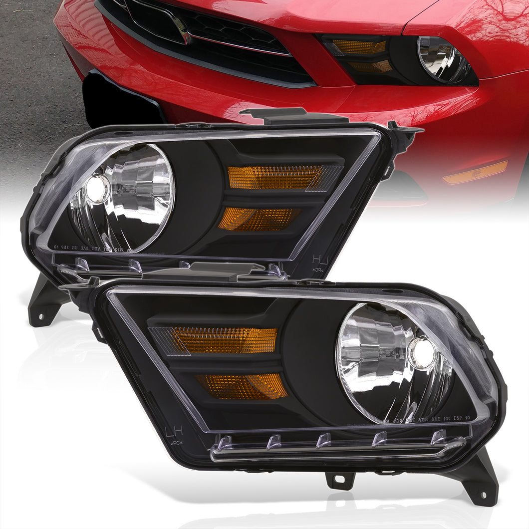 Ford Mustang 2010-2014 Factory Style Headlights Black Housing Clear Len Amber Reflector